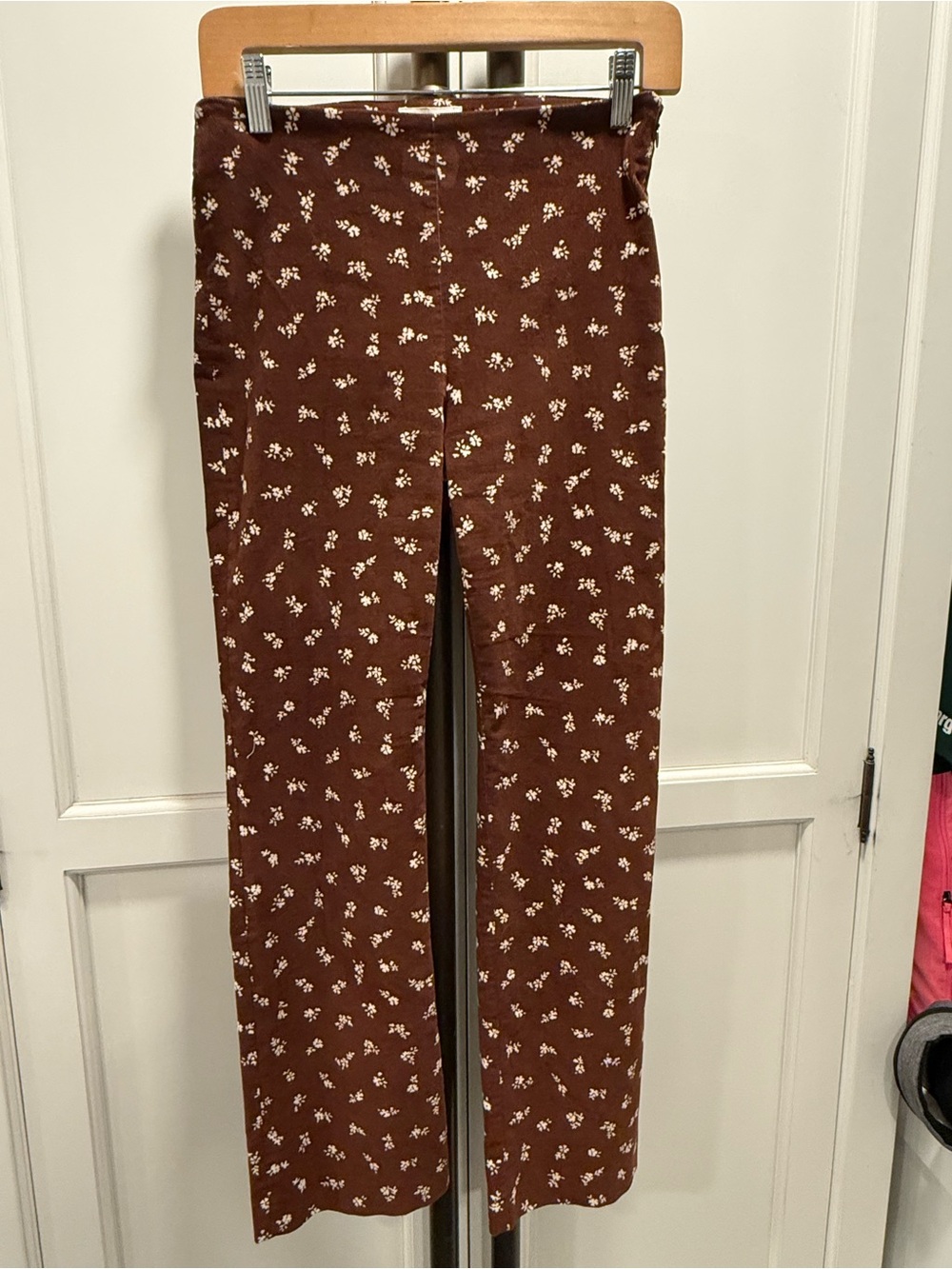 Sezane Brown Floral Straight Leg Pants with Tiny White Blossoms